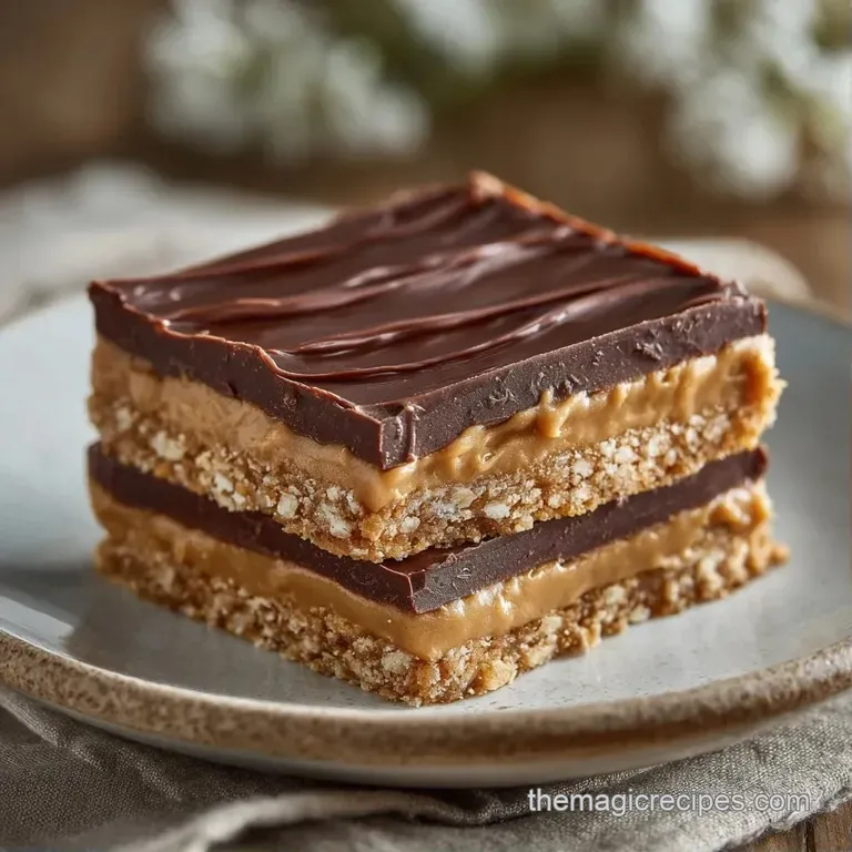 Three stacked squares of tan peanut butter fudge topped with glossy chocolate and a pinch of flaky sea salt.