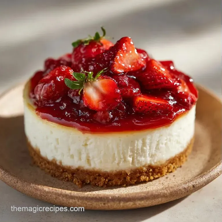 A slice of layered cream cake with red glaze on a white plate, garnished with a mint leaf and fresh strawberries