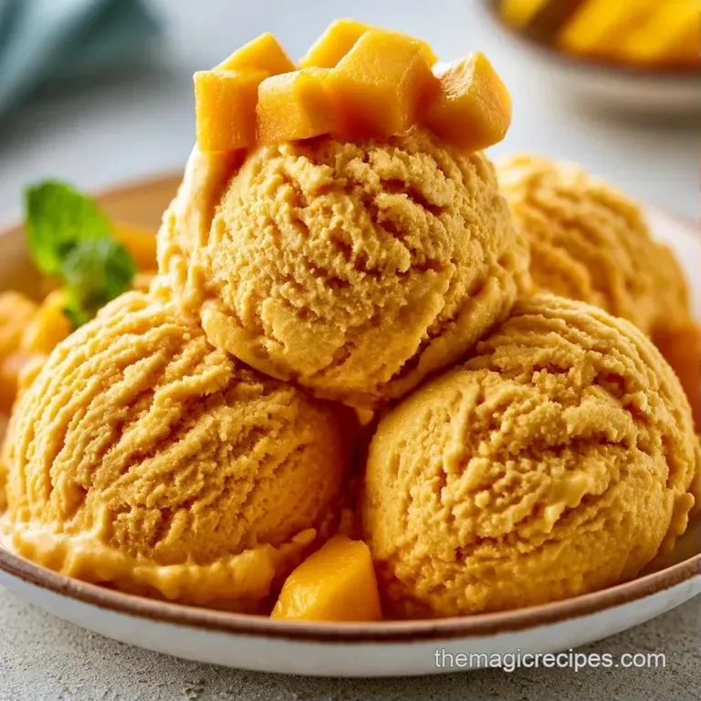 Elegant swirl of vibrant yellow frozen cream on a ceramic plate, accented by mint leaves and fresh mango cubes