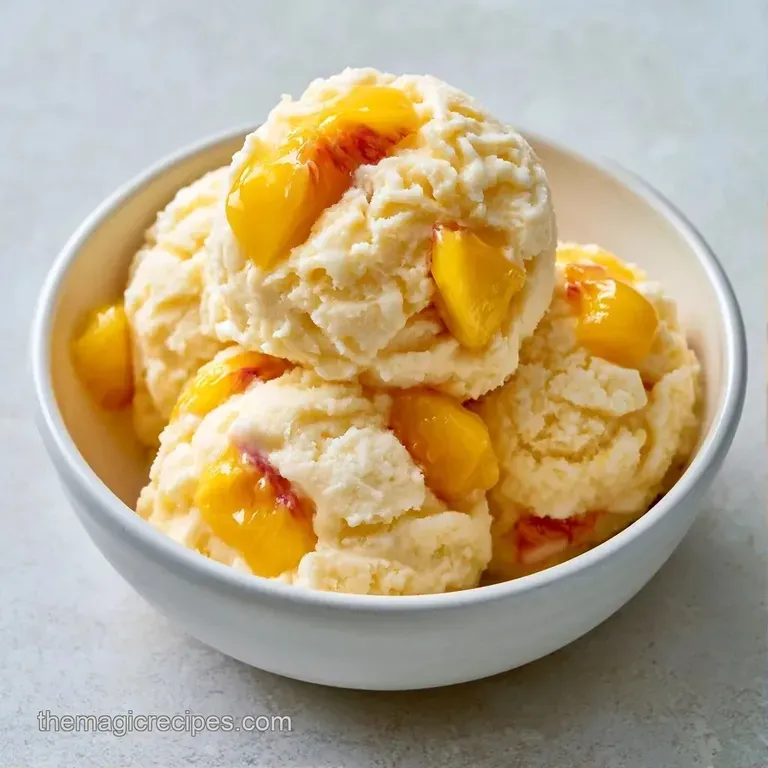 A single scoop of pale orange frozen cream topped with a fresh peach slice and a bright green mint sprig.