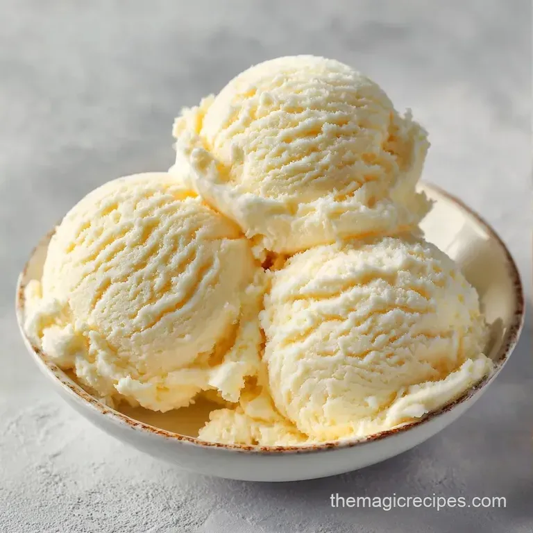 Three elegant scoops of ivory frozen cream on a chilled plate topped with a thick, glossy syrup swirl.