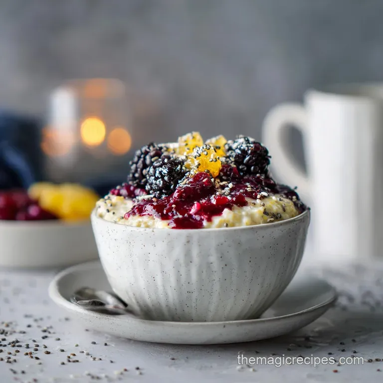 Layered overnight oats in a parfait glass showcasing soft oats, juicy berries, crunchy granola, and scattered chia seeds.