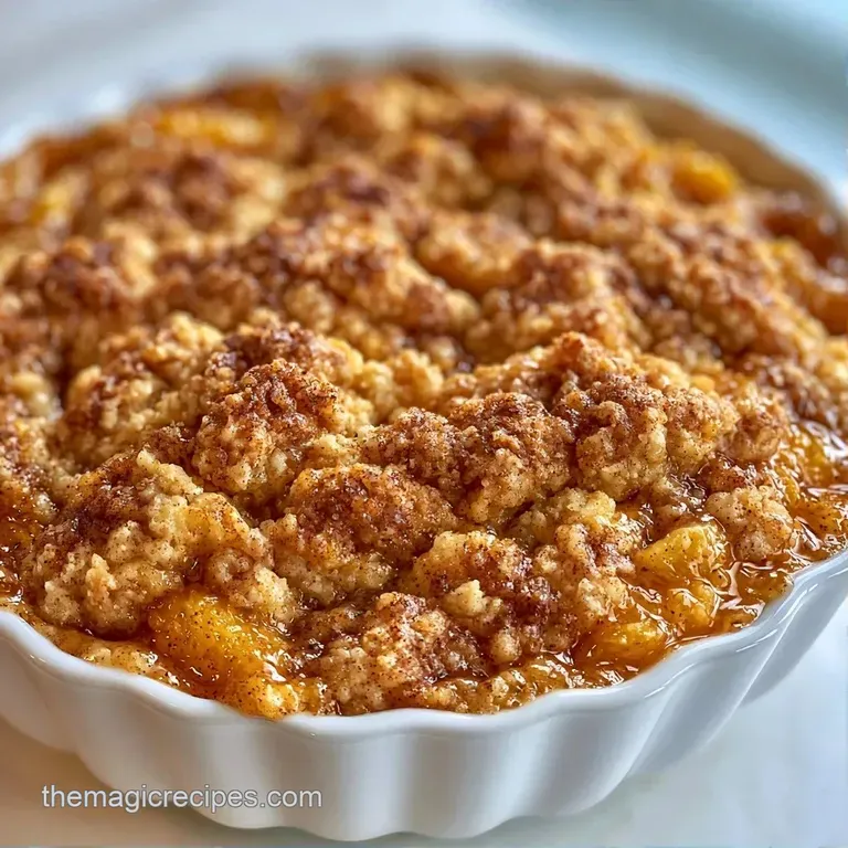 A warm slice of golden-brown cake topped with melting vanilla ice cream and juicy orange fruit on a white plate.