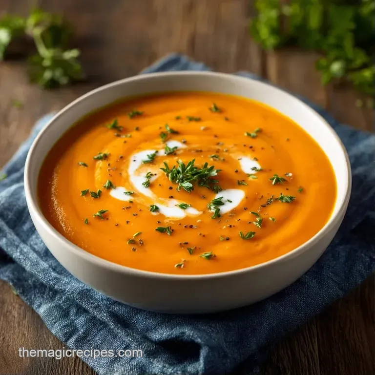 Velvety orange puree served in a white porcelain bowl, garnished with a drizzle of herb oil and micro-greens.