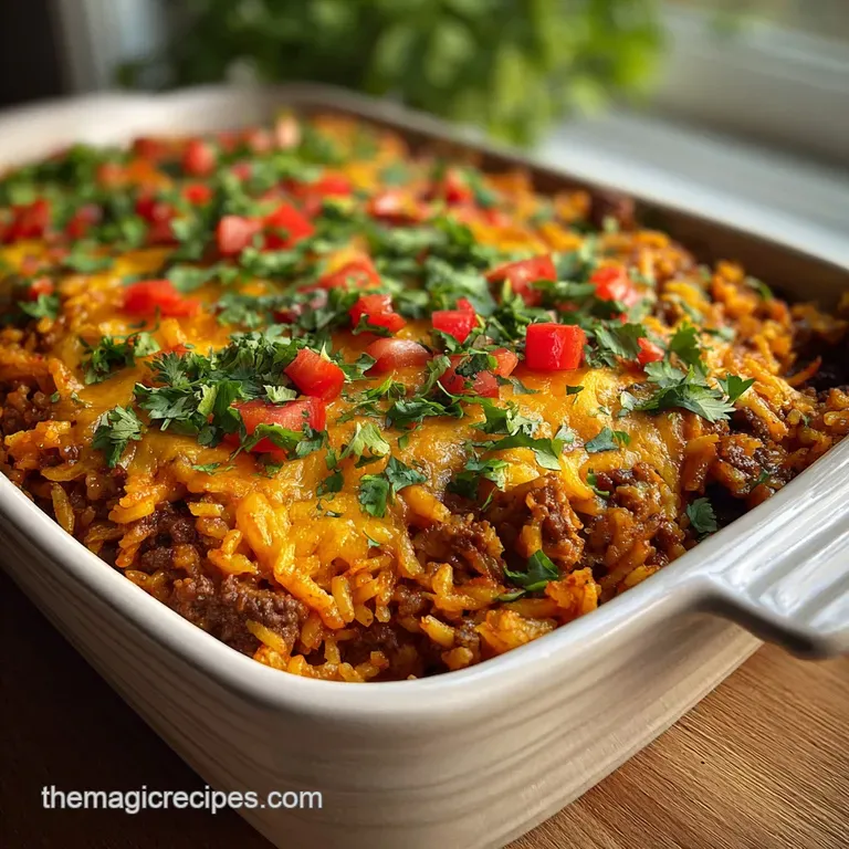 Steaming beef and rice plated with care; the rich brown sauce coats each grain, garnished with bright cilantro for a fresh...