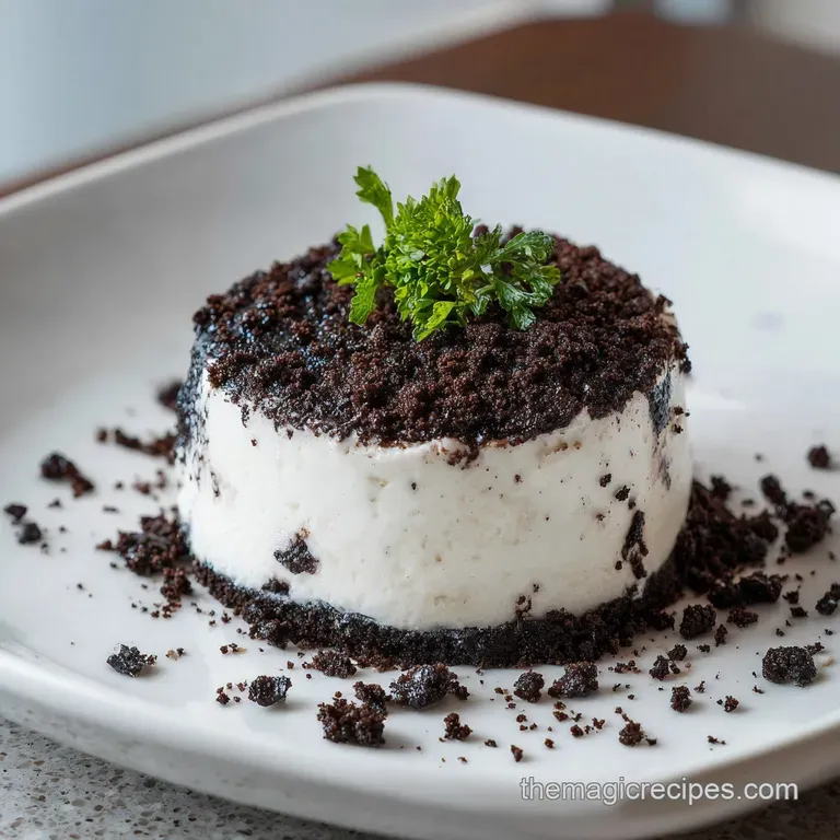 Individual glass parfaits showing layers of dark chocolate crumbs and fluffy white cream topped with a gummy worm.