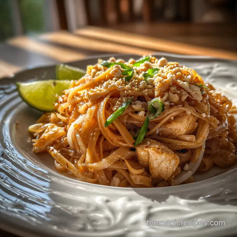 Stylized Pad Thai on a white plate: bright bean sprouts, shrimp, a sprinkle of herbs, and vibrant chili flakes accent the ...