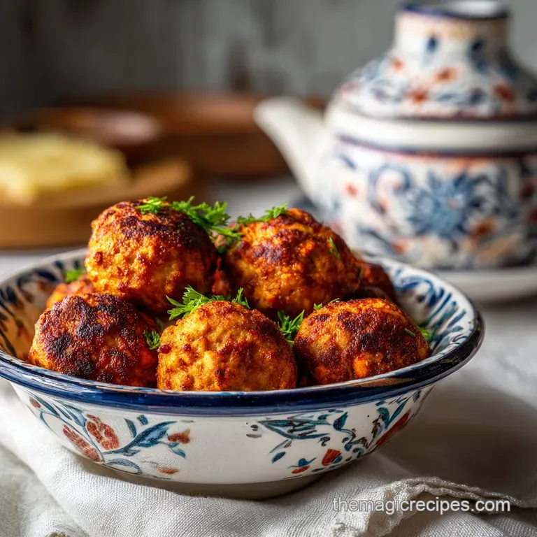 Glossy paprika chicken meatballs nestled on a bed of creamy mashed potatoes, topped with a vibrant green garnish and paprika.