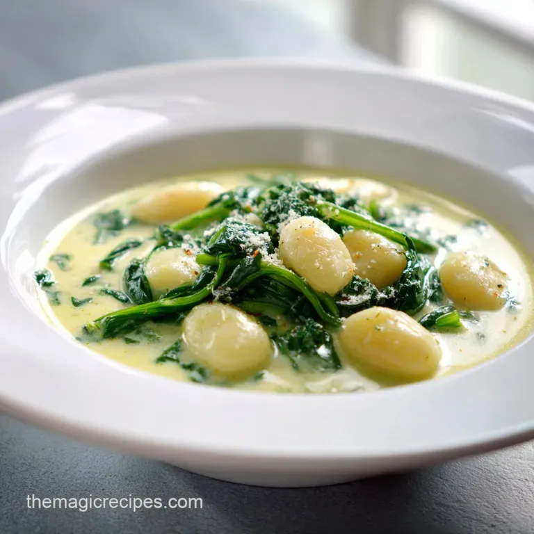 A steaming bowl of verdant gnocchi soup, topped with parmesan and herbs. Rustic spoon resting against the side.
