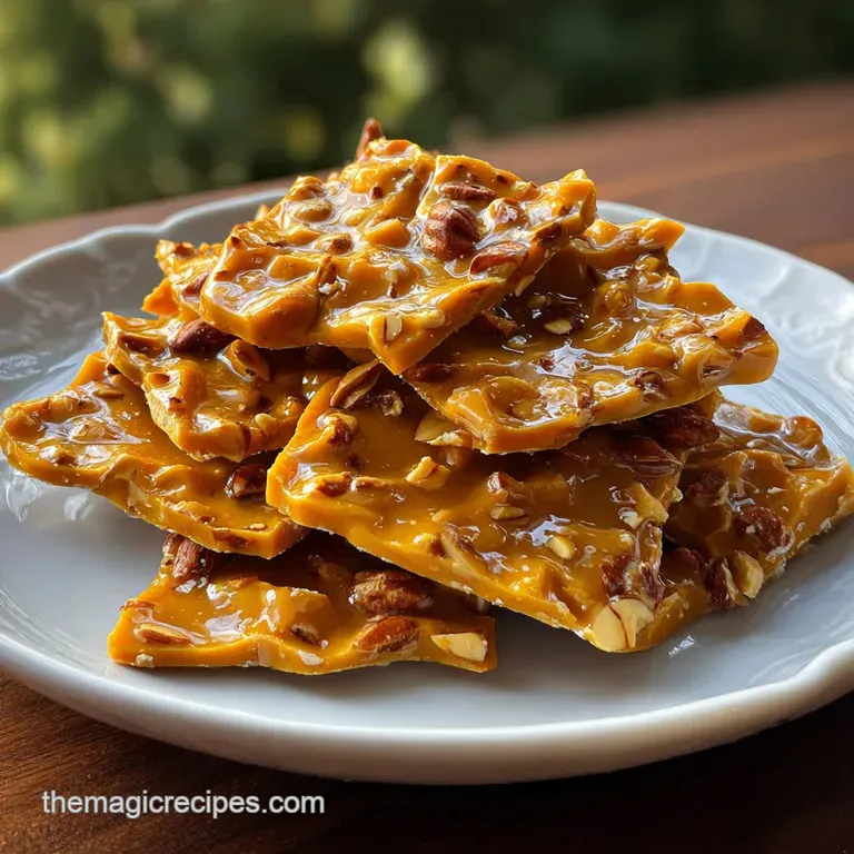 Stacked, jagged pieces of peanut brittle on a rustic wooden board. Glistening candy contrasted against the textured surface.