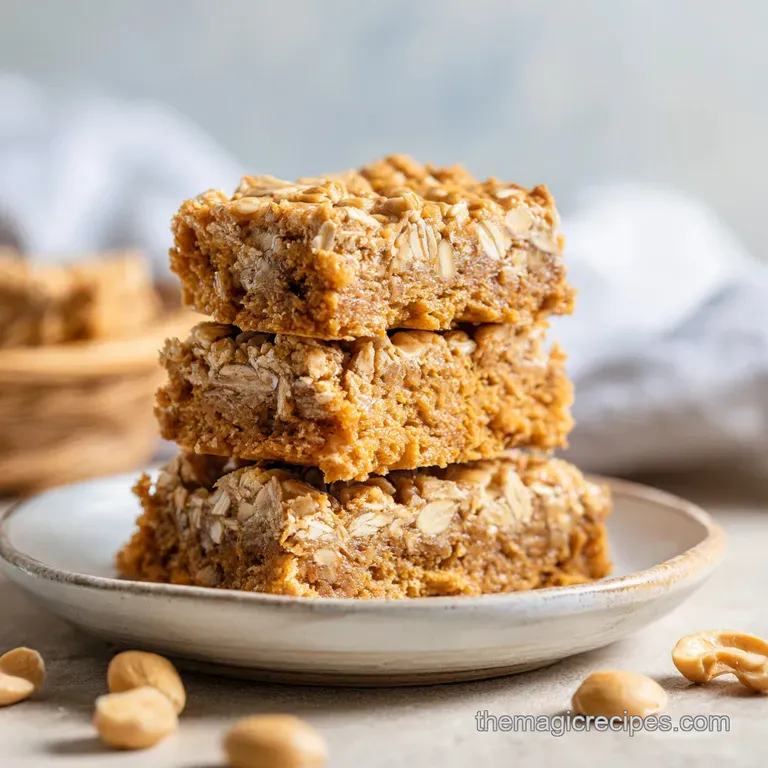 Neatly stacked squares of nutty bars on a white marble plate, accented by a few whole roasted peanuts and honey.