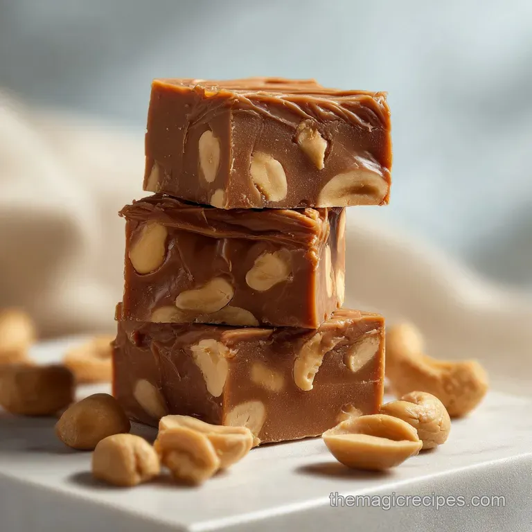 Stacked peanut butter fudge squares on a white plate. Drizzled chocolate and peanut butter create an elegant contrast.