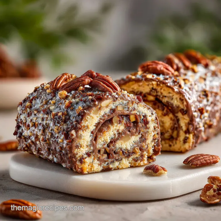 Sliced pecan log roll on a plate, highlighting the layers of filling. Drizzled caramel adds a glossy finish. Creamy and nu...
