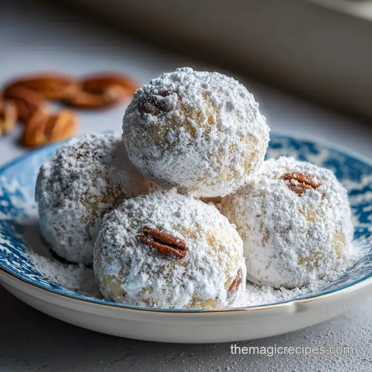 Three pecan snowball cookies artfully arranged on a plate, generously coated in powdered sugar, hinting at a delicate crumb.