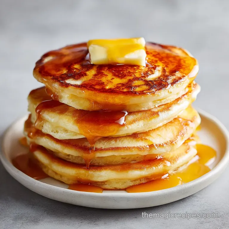 Tall stack of golden-brown cakes on a white plate, topped with a melting butter cube and fresh red berries.