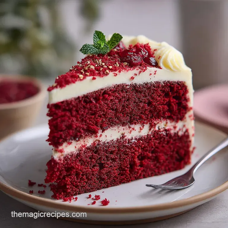 Slice of scarlet red velvet cake with stark white frosting on a porcelain plate. A cake crumb trail invites the first bite.