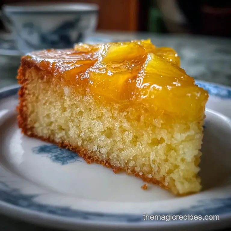 Slice of moist pineapple cake, golden and inviting, beside a dollop of whipped cream and fresh pineapple chunks on a white...