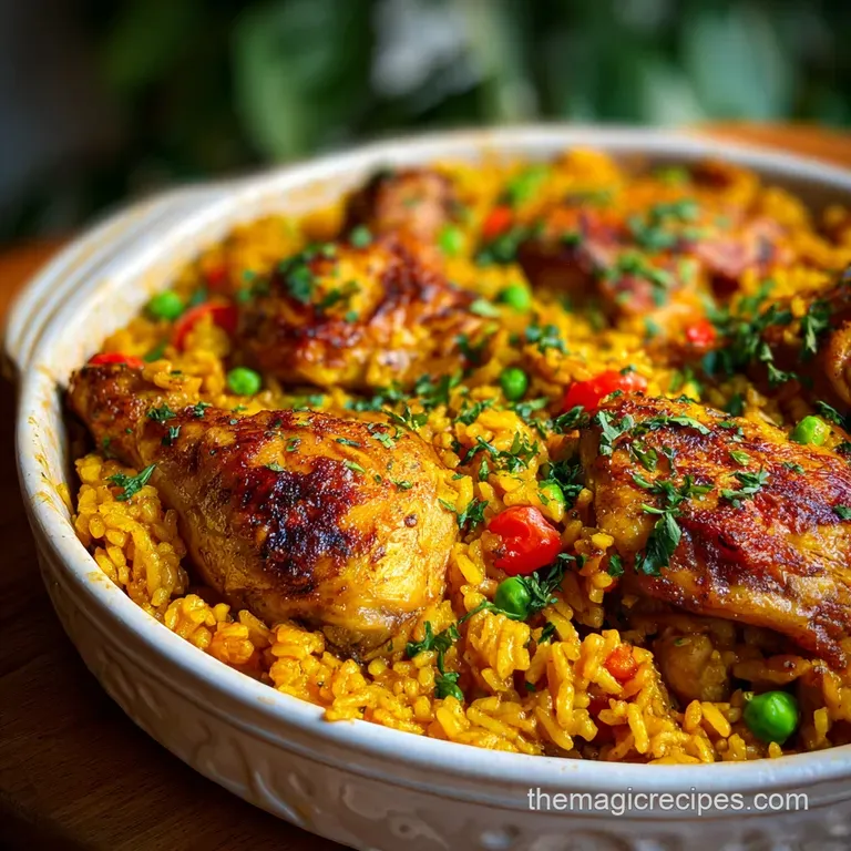 A vibrant plate of chicken and rice, garnished with herbs. Tender chicken glistens, the rice appears perfectly cooked and ...