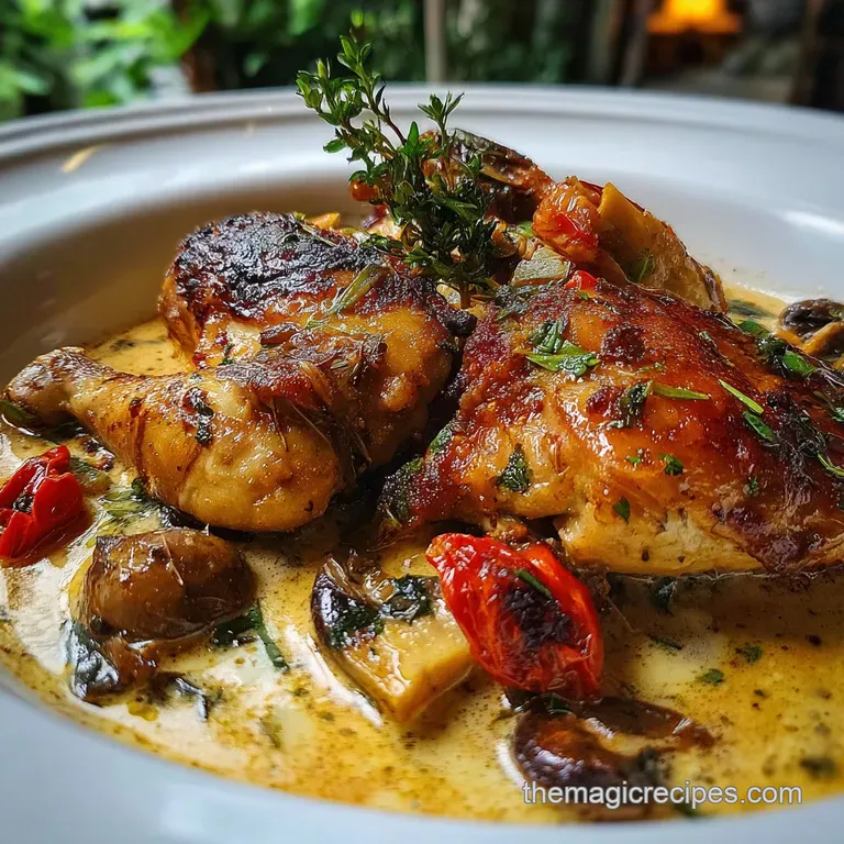 A vibrant plate of tender chicken, glistening pepitoria sauce, and a sprinkle of crunchy almonds and parsley. Garnished wi...