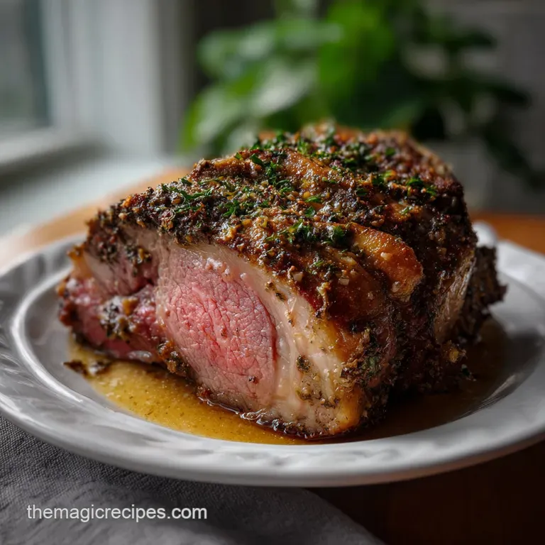 Thick, juicy prime rib slice on a white plate, showcasing a tender, pink interior, drizzled with rich jus, elegant present...