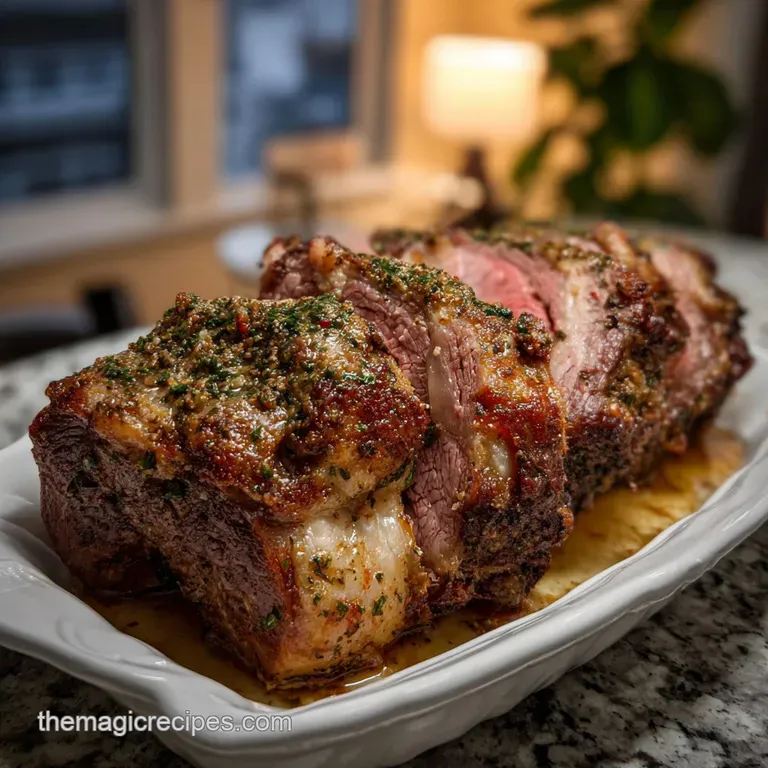 Perfectly roasted prime rib, seared to a deep brown crust, resting on a bed of fresh herbs, ready to be sliced and served.