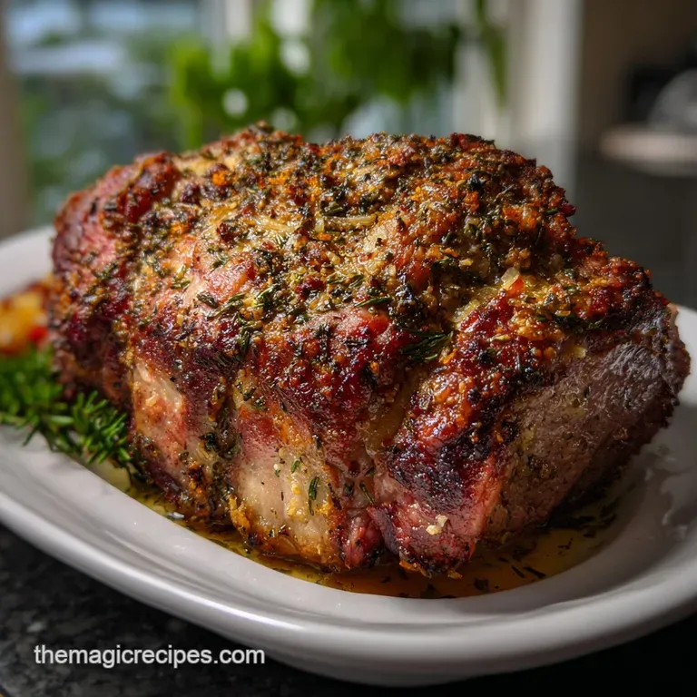 Elegant slices of prime rib, edge-to-edge pink, artfully arranged on a white plate with a drizzle of jus and sprigs of ros...