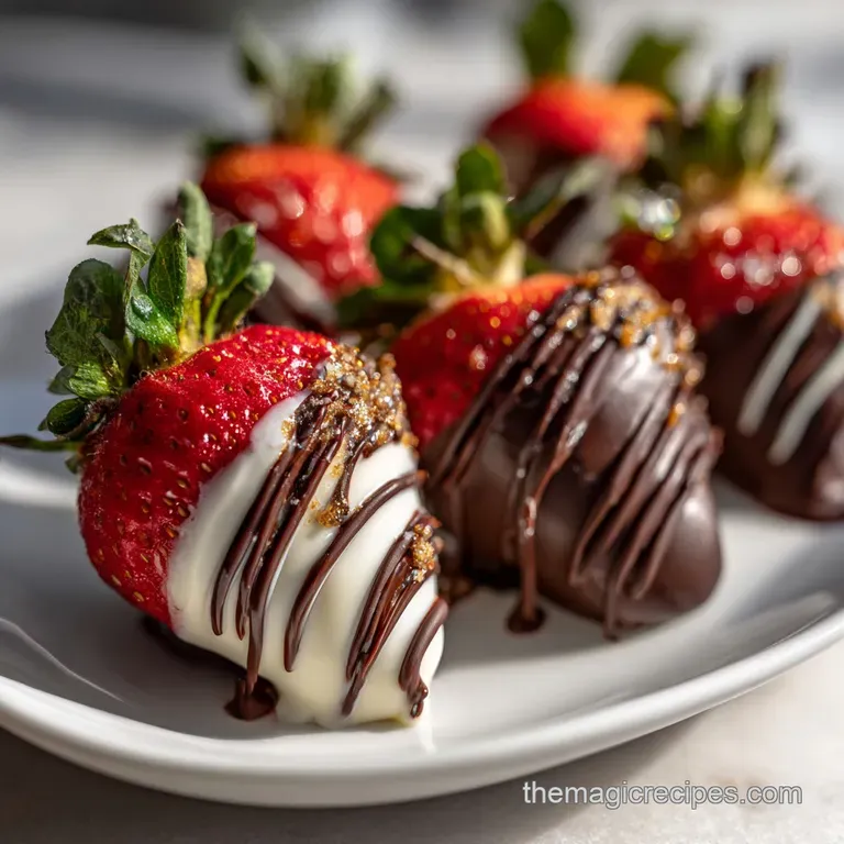 A tower of deep red, chocolate-dipped strawberries artfully arranged on a white plate; light glistening on the rich coating.