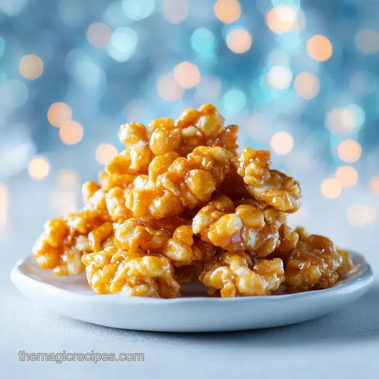 Individual serving of shiny, chocolate-covered puff corn. Sprinkles add festive color and texture to this holiday treat.