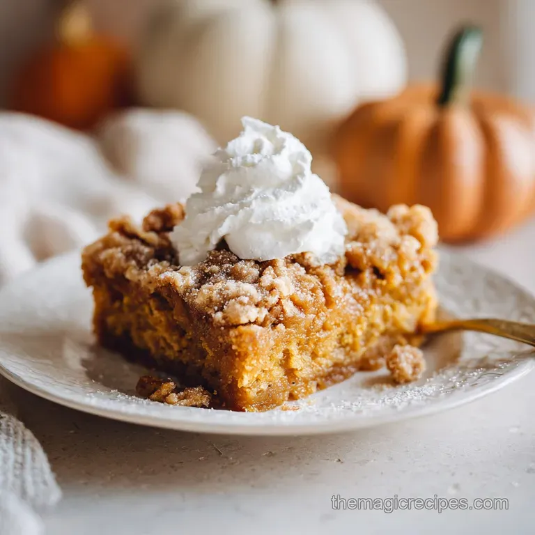A slice of rich, orange pumpkin pie with a dollop of fluffy whipped cream on a white plate.
