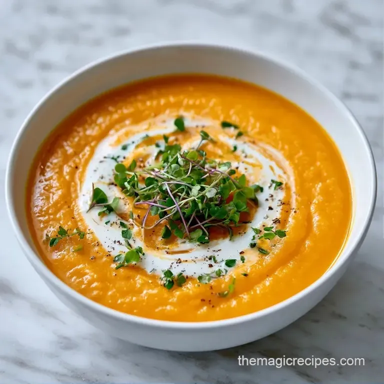A creamy golden soup in a wide ceramic bowl topped with a swirl of herb oil and perfectly roasted carrot coins.