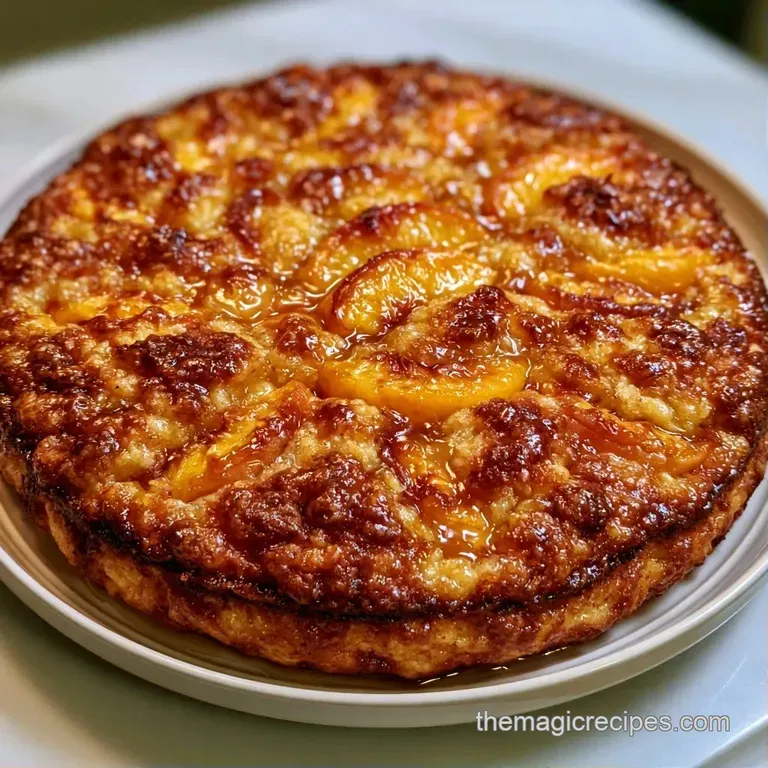 A scoop of vanilla ice cream melting over a warm slice of golden cake and juicy, glistening orange peaches.