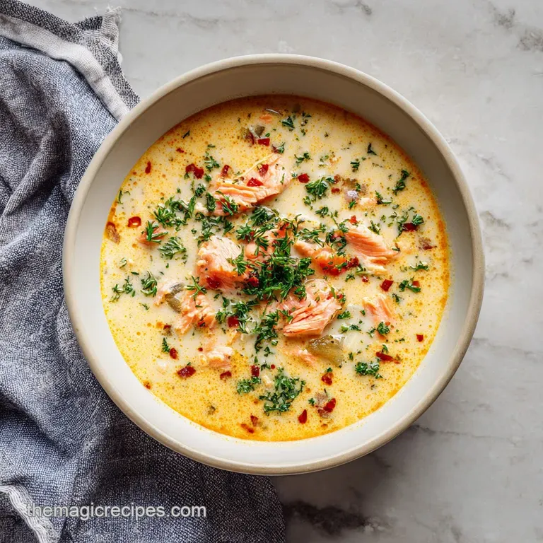 A single bowl of salmon chowder with flaky salmon pieces and vibrant green parsley, set on a rustic wooden table with a sp...