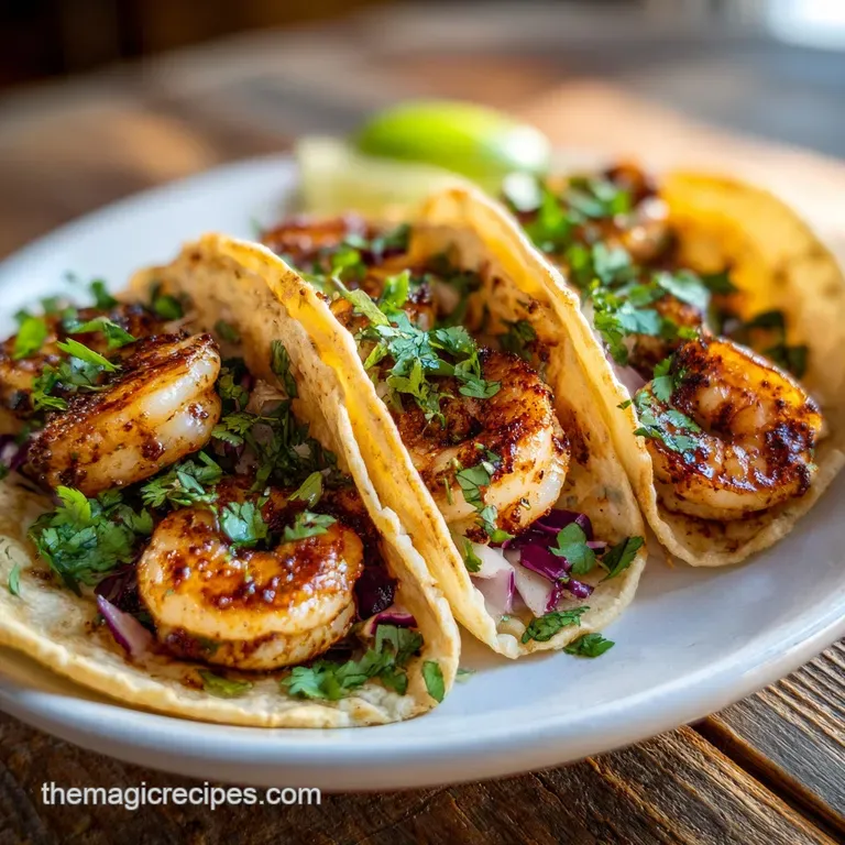 Artfully arranged shrimp tacos on a plate, showcasing grilled shrimp, colorful toppings, and a lime wedge for a fresh sque...