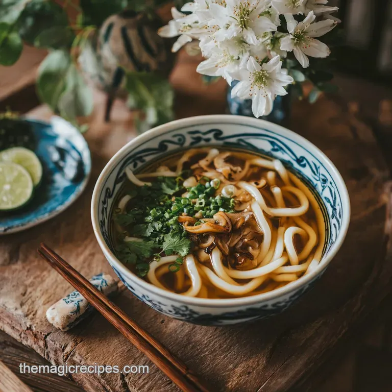 Elegant plate of savory udon, artfully arranged with vibrant greens and a swirl of flavorful sauce on a white plate.