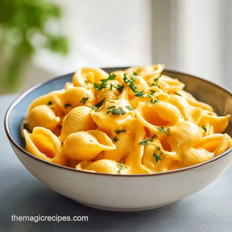 A swirl of cheesy shells in a shallow bowl, garnished with a sprinkle of vibrant paprika and chopped parsley for a pop of ...