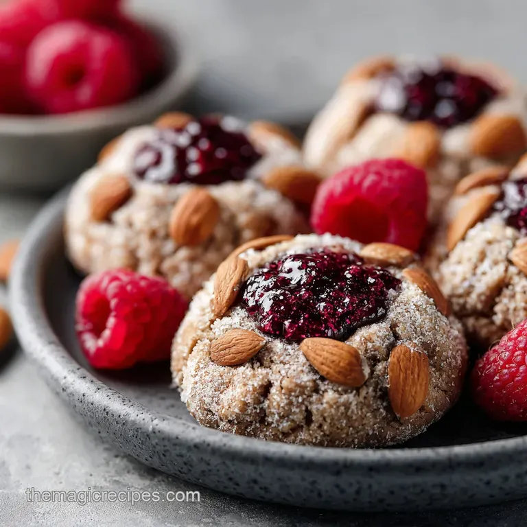 A neat stack of delicate almond cookies, each with a ruby-red jam jewel, on a white plate.