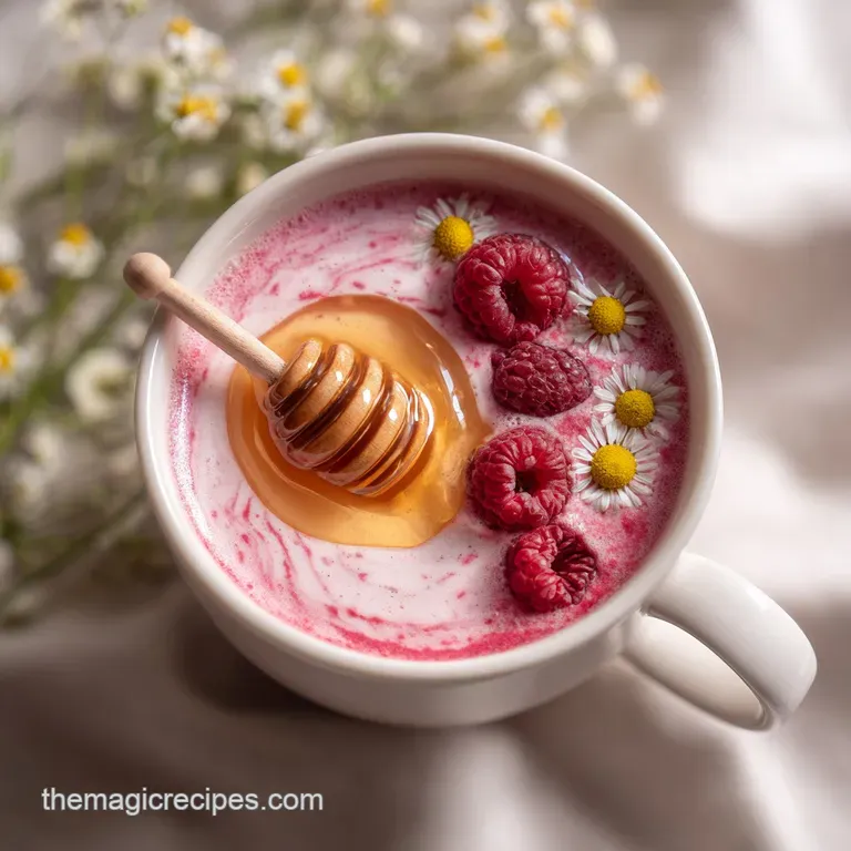 Tall glass of pale pink smoothie with fresh raspberries artfully placed on top; honey glistens, hinting at sweetness.