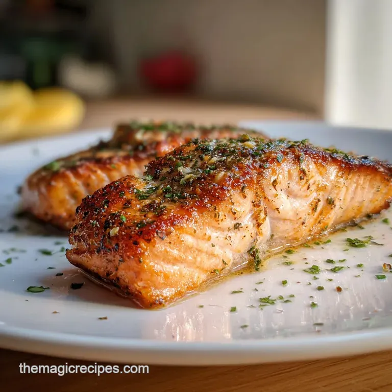 Perfectly seared salmon portion beside bright green beans, a lemon wedge, and herbs, with crispy edges from being pan-fried.