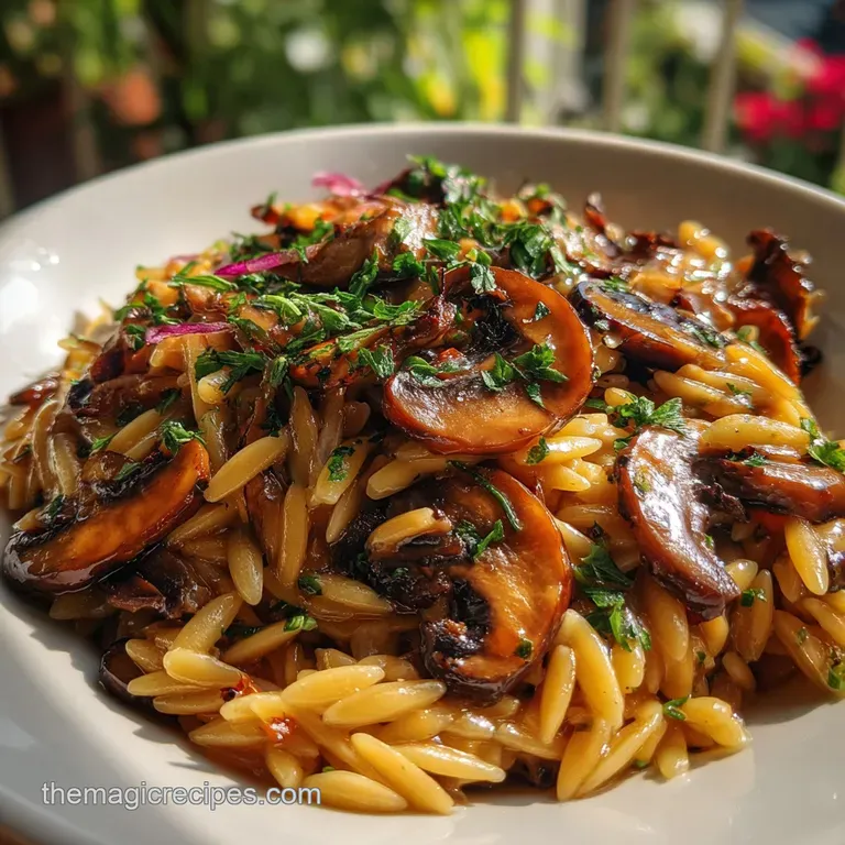 Creamy orzo dish elegantly plated with fresh herbs. Steam rises gently, hinting at warmth and comforting flavors.