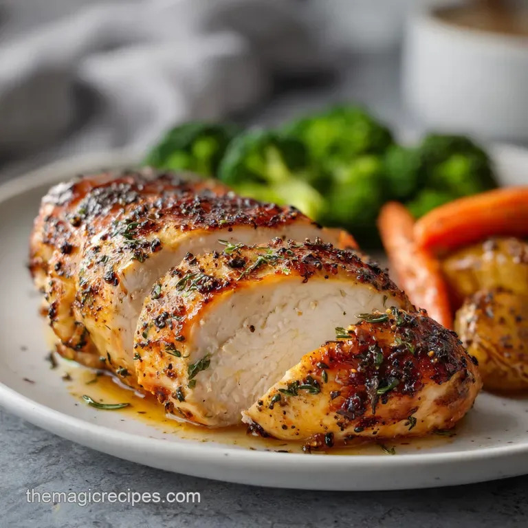 Elegant plate featuring juicy roasted chicken breast with herbs. Lightly charred veggies add pops of color, drizzled with ...