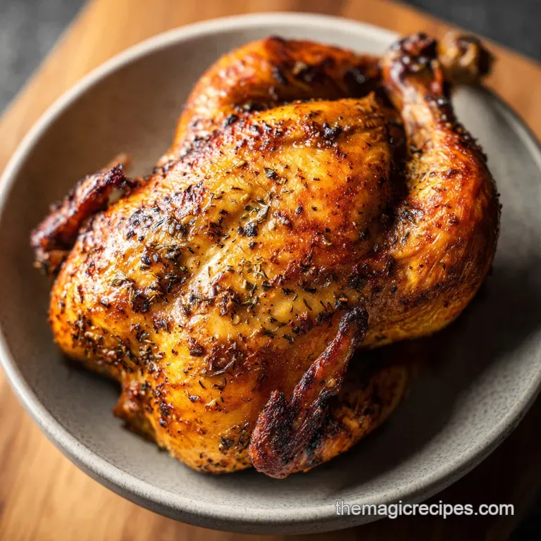 A perfectly roasted chicken half, beautifully browned, sits on a rustic wooden board with fresh herbs.