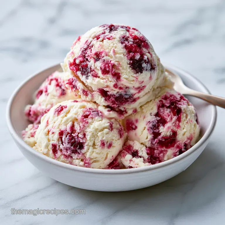Three smooth scoops of pale pink frozen cream on a white platter, drizzled with a deep red fruit glaze.