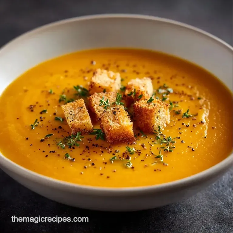 Smooth orange soup in a modern bowl garnished with a cream swirl, toasted pepitas, and a side of crusty sourdough.