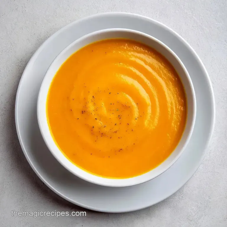 A wide ceramic bowl of velvety orange puree accented by toasted pumpkin seeds and a swirl of white cream.