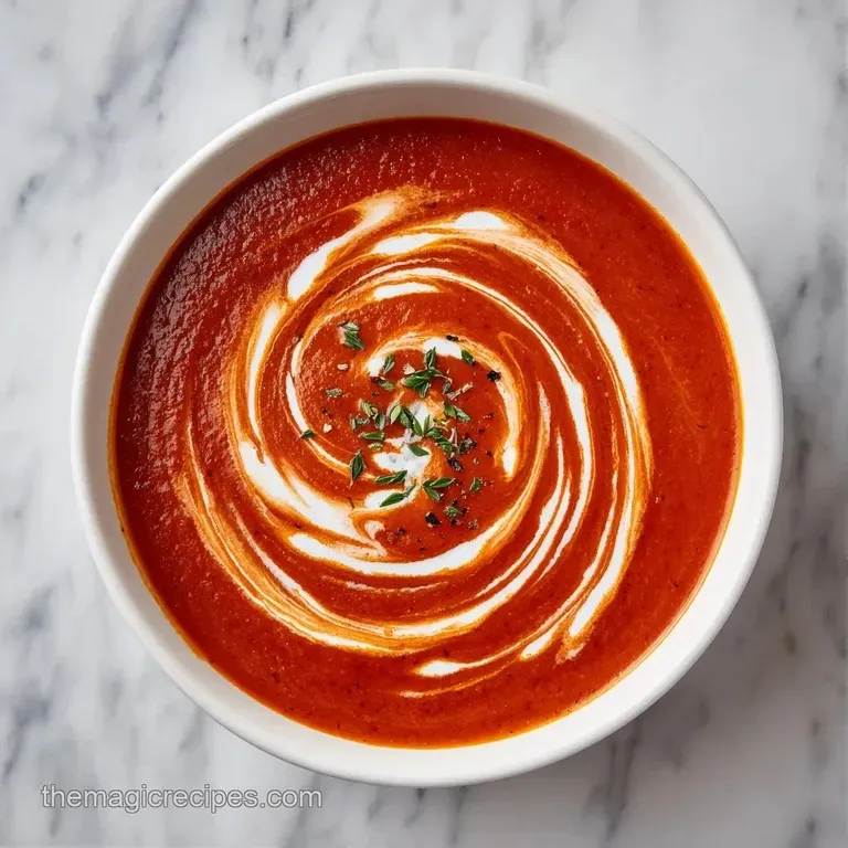 Rich orange-red soup in a minimalist white bowl, topped with a drizzle of cream and a sprig of aromatic basil.