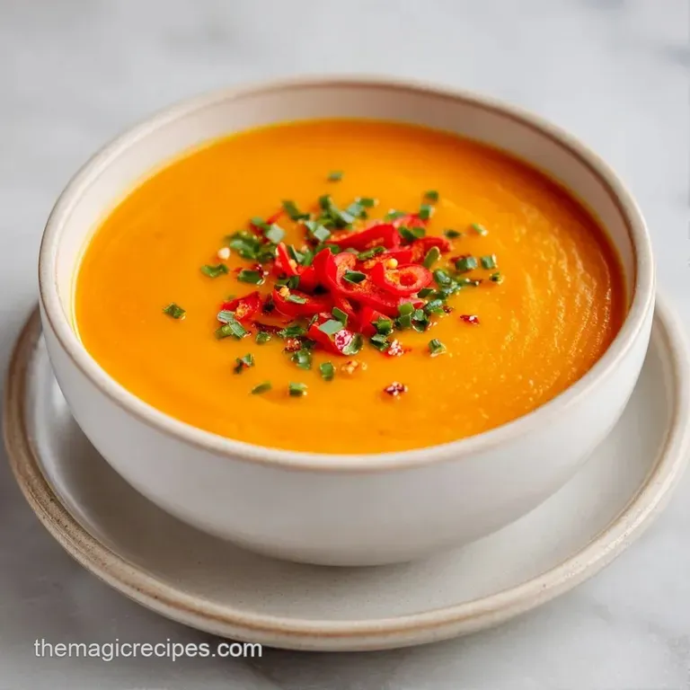 Sleek ceramic bowl of vibrant orange puree topped with toasted seeds and a drizzle of oil on a textured napkin.