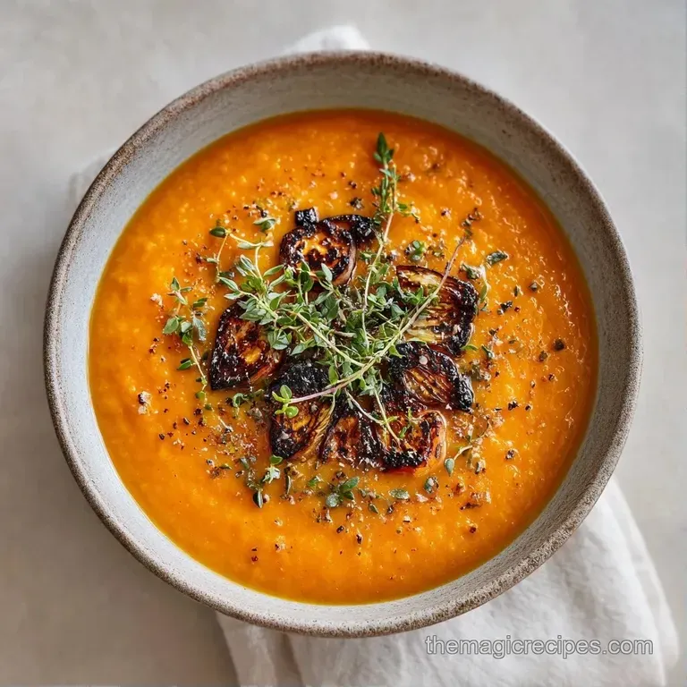 A white ceramic bowl of chunky vegetable soup topped with a swirl of cream and a sprig of fresh green thyme.