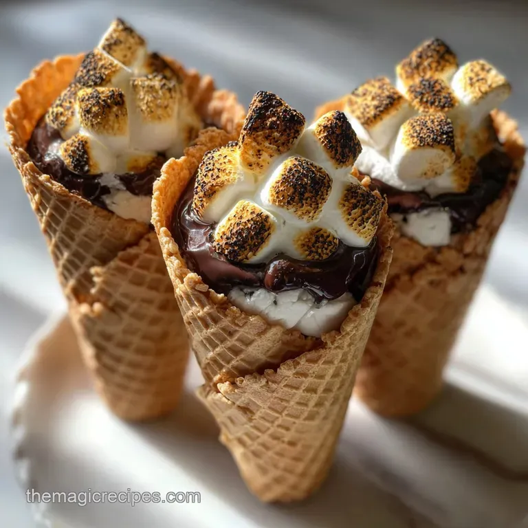 Campfire cone dessert with gooey, melted chocolate and toasted marshmallows drizzled over the side, graham cracker crumble...