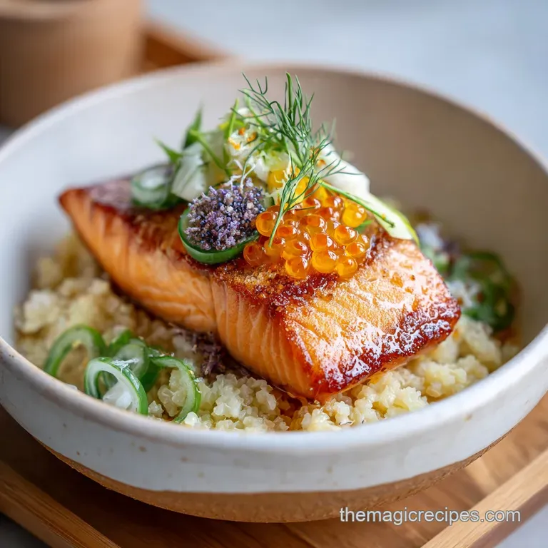 A colorful bowl with perfectly cooked salmon and artful arrangements of fresh vegetables and toppings.