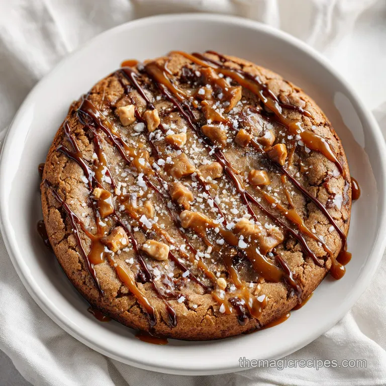 A scoop of melting vanilla ice cream beside a thick slice of warm skillet cookie.
